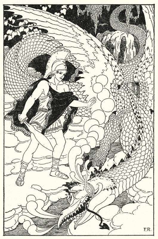 Quand le dragon aperçut Cadmus, il poussa un autre sifflement abominable - Frederick Richardson
