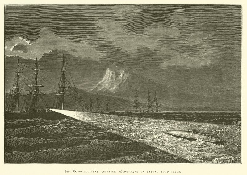 Bâtiment cuirassé découvrant un bateau torpilleur - French School