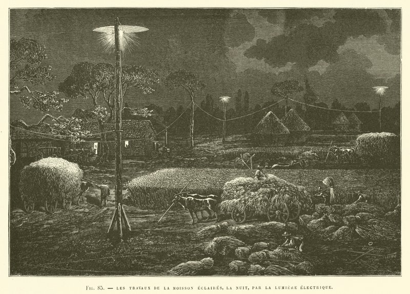 Les travaux de la moisson éclairés, la nuit, par la lumière électrique - French School