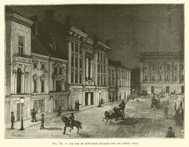 Une rue de Newcastle éclairée par les lampes Swan - French School