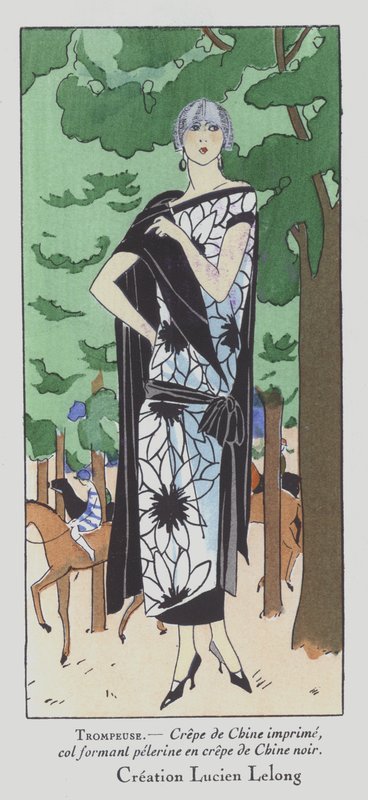 Une journée aux courses - la mode féminine des années 1920 par le couturier Lucien Lelong (lithographie couleur) - French School