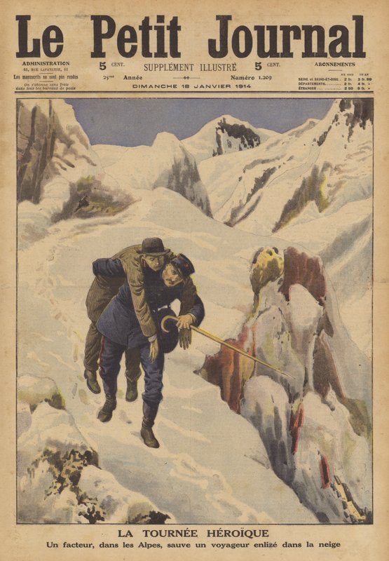 Un facteur sauvant un voyageur perdu dans la neige dans les Alpes - French School
