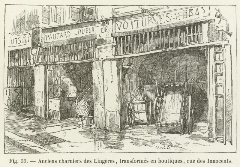 Anciens charniers des Lingères, transformés en boutiques, rue des Innocents - French School