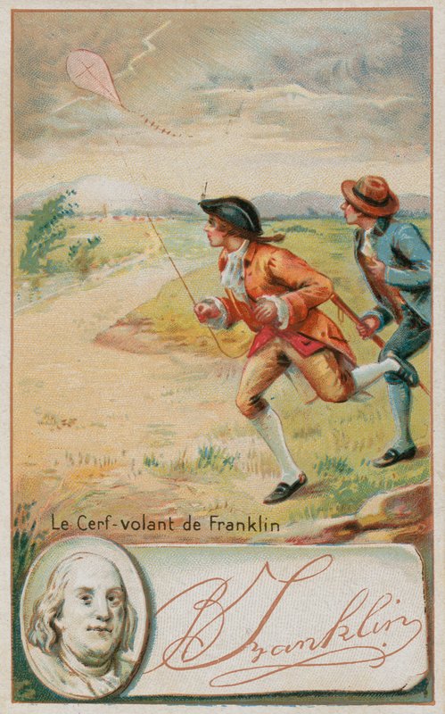 Benjamin Franklin faisant voler un cerf-volant frappé par la foudre - French School