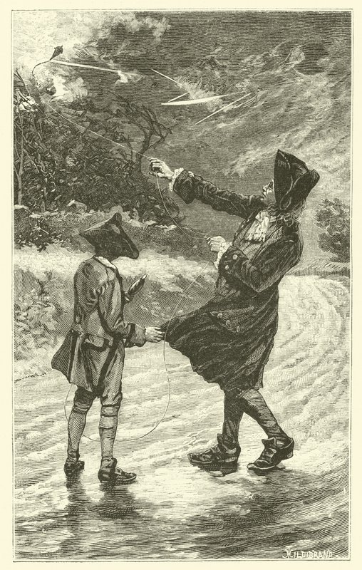 Benjamin Franklin faisant voler son cerf-volant - French School