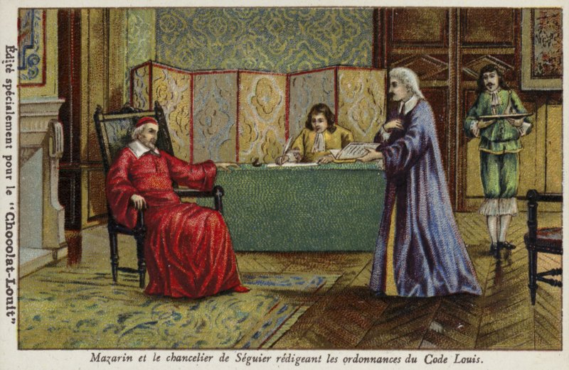 Le cardinal Mazarin et le chancelier Séguier rédigeant les ordonnances du Code Louis - French School