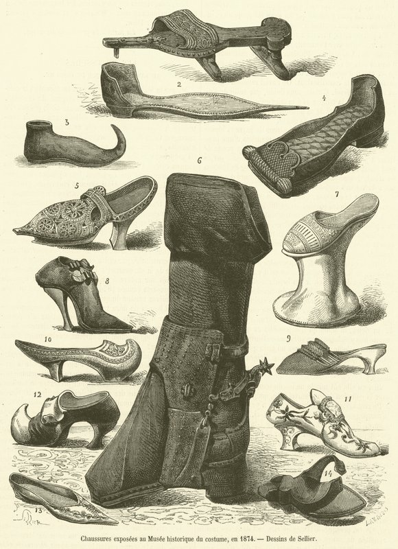 Chaussures exposées au Musée historique du costume, en 1874 - French School