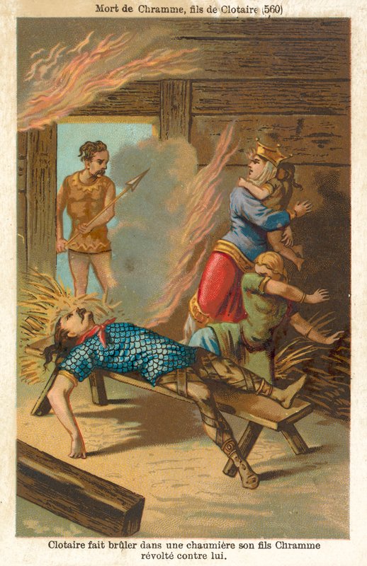 Clotaire Ier, roi des Francs, brûlant vif son fils rebelle Chram et sa famille, 560 - French School