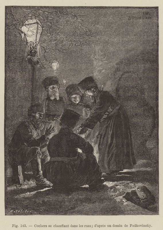 Cochers se chauffant dans les rues - French School