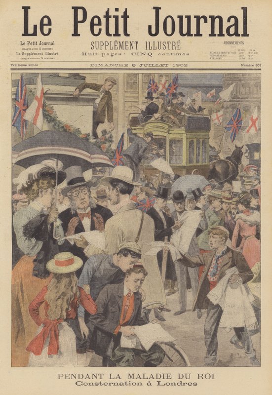 Inquiétude à Londres face à la maladie du roi Edouard VII (lithographie couleur) - French School
