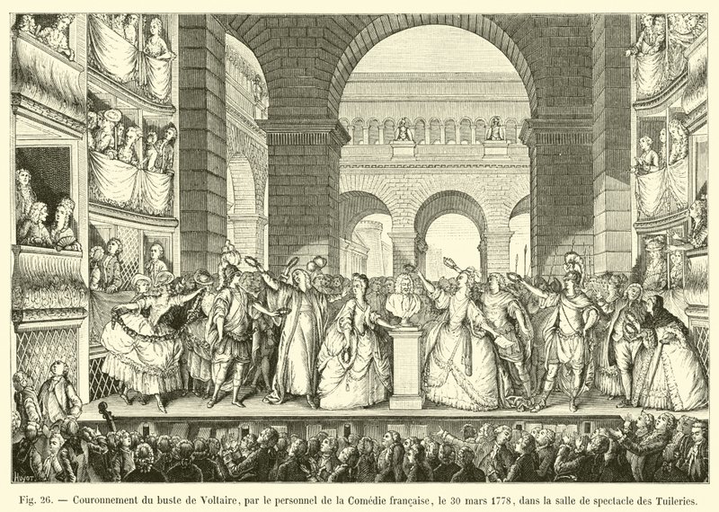 Couronnement du buste de Voltaire, par le personnel de la Comédie française, le 30 mars 1778, dans la salle de spectacle des Tuileries - French School