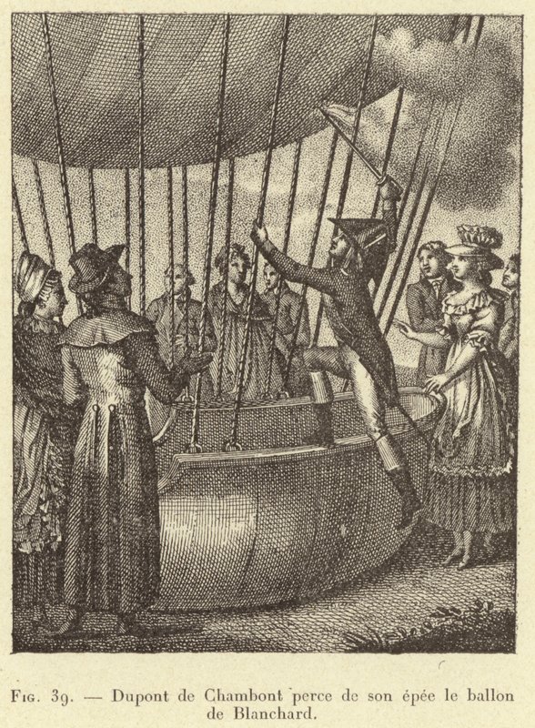 Dupont de Chambont perce de son épée le ballon de Blanchard - French School