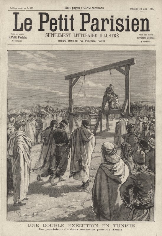 Exécution par pendaison de deux assassins près de Tunis, Tunisie - French School