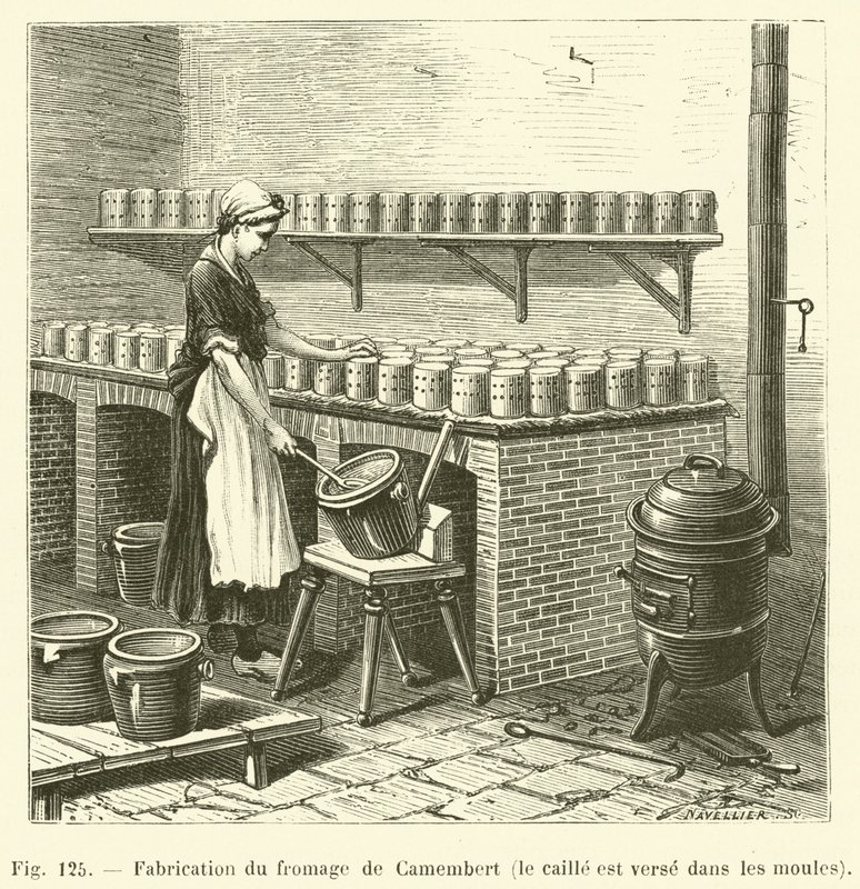 Fabrication du fromage de Camembert, le caille est verse dans les moules - French School