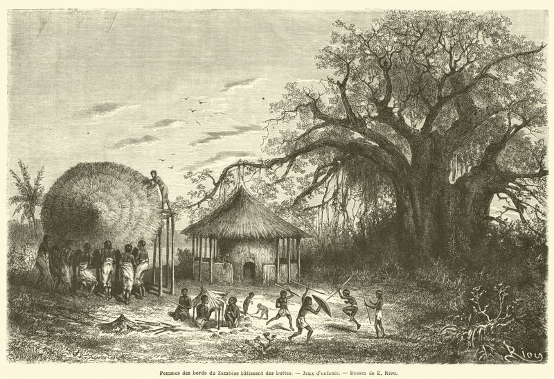Femmes des bords du Zambèze bâtissant des huttes, Jeux d