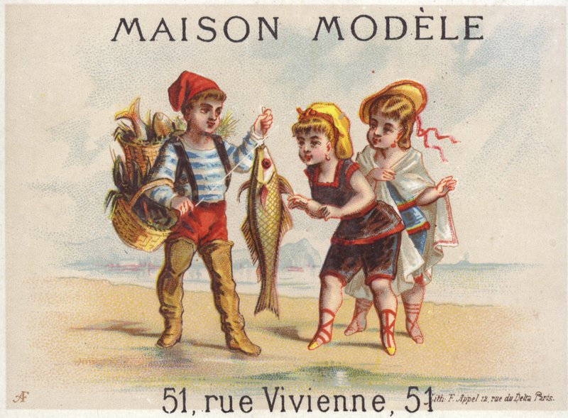 Pêcheur montrant la prise du jour aux filles - French School