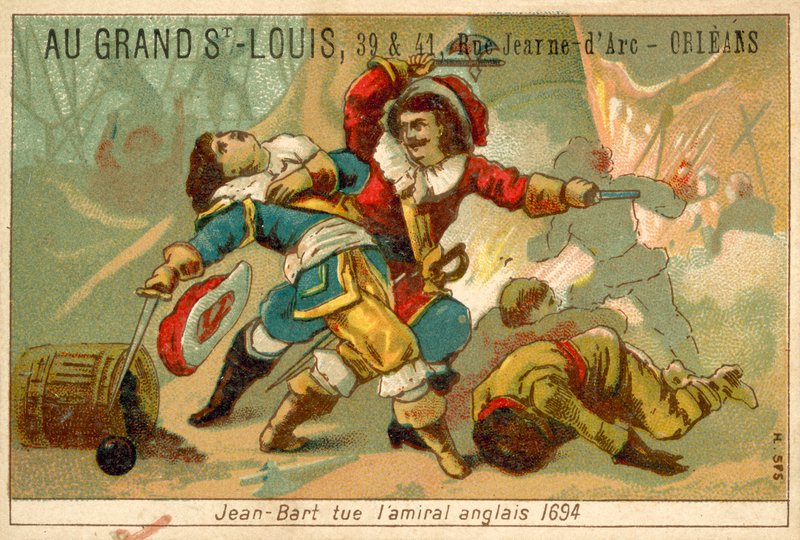 Commandant naval français et corsaire tuant un amiral anglais, 1694 - French School