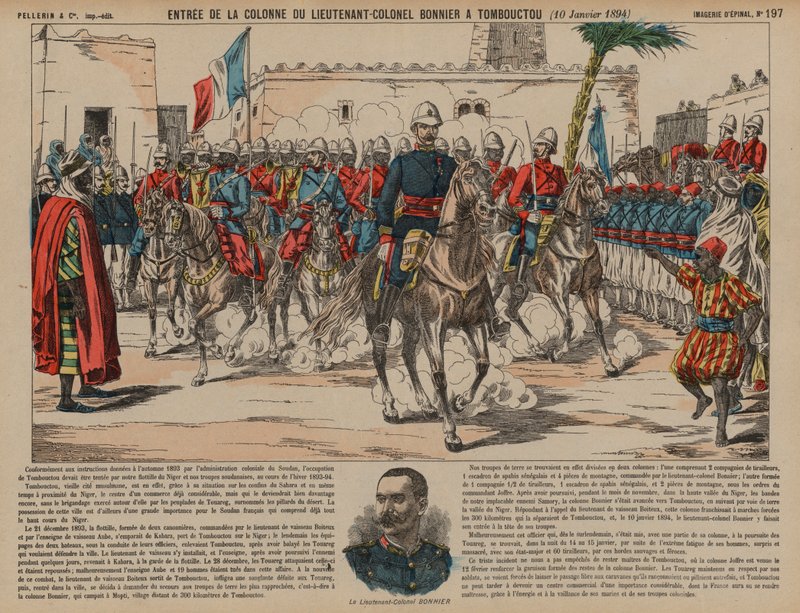 Troupes françaises commandées par le lieutenant-colonel Eugène Bonnier entrant à Tombouctou - French School