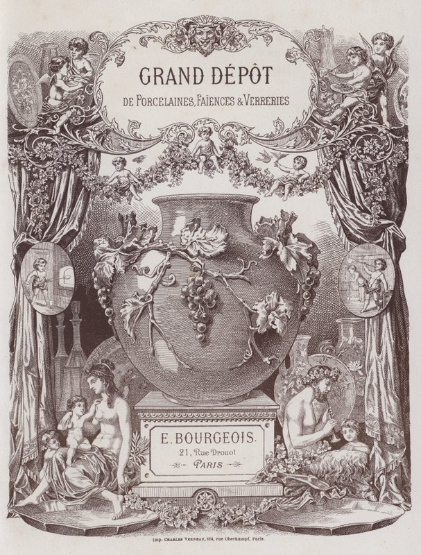 Frontispice du catalogue du Grand Dépôt de Porcelaines, Faïences et Verreries - French School