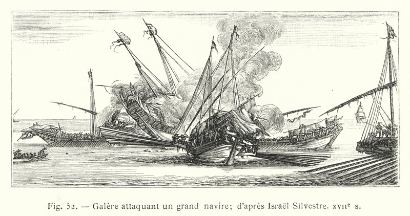 Galère attaquant un grand navire; d