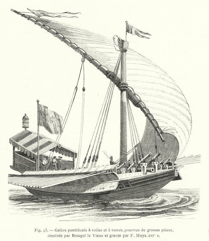 Galère pontificale à voiles et à rames, pourvue de grosses pièces, dessinée par Breugel le Vieux et gravée par F. Huys, XVIe s (gravure) - French School