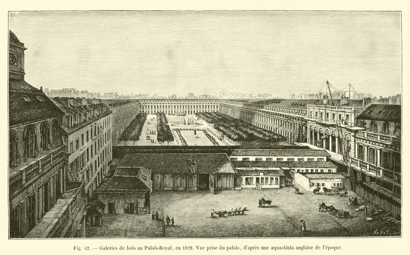 Galeries de bois au Palais-Royal, en 1828, vue prise du palais, d