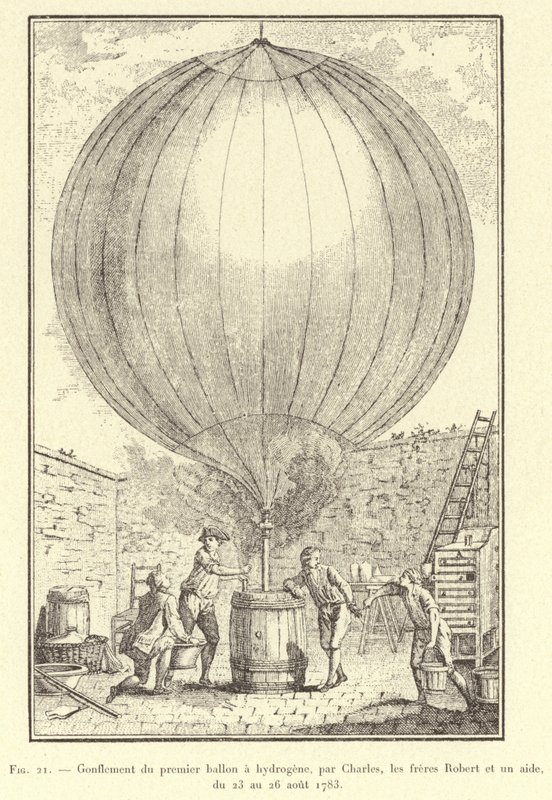 Gonflement du premier ballon à hydrogène, par Charles, les frères Robert et un aide, du 23 au 26 août 1783 - French School