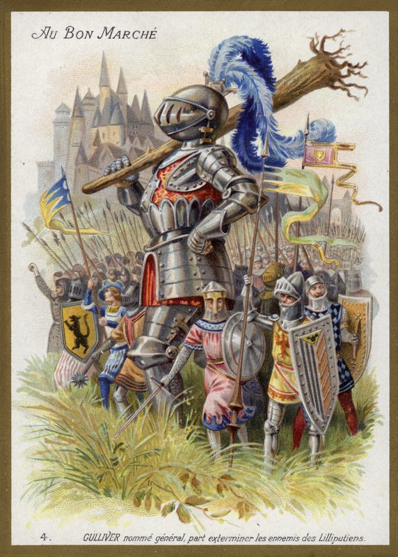 Gulliver, nommé général, part exterminer les ennemis des Lilliputiens - French School