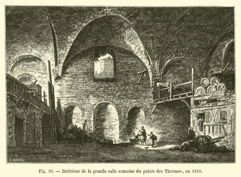 Intérieur de la grande salle romaine du palais des Thermes, en 1810 - French School