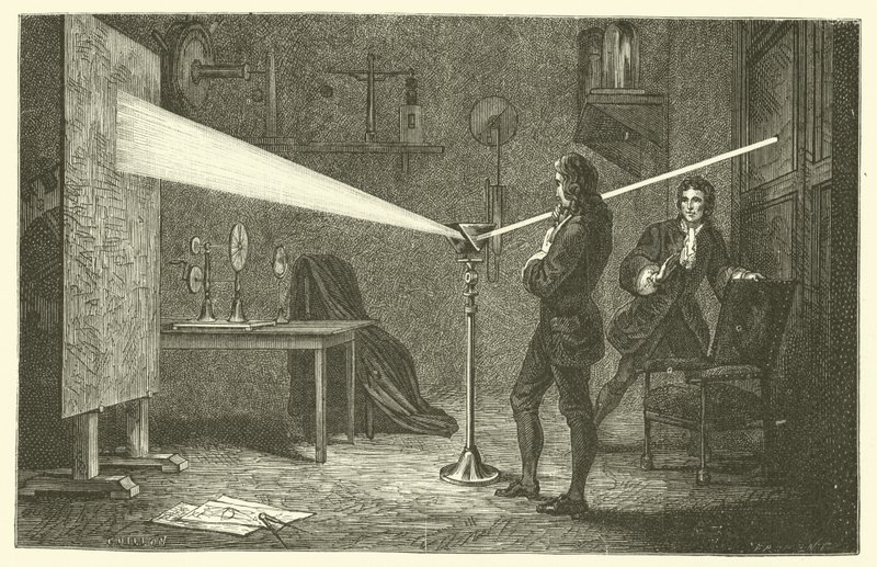 Isaac Newton décompose la lumière (gravure) - French School