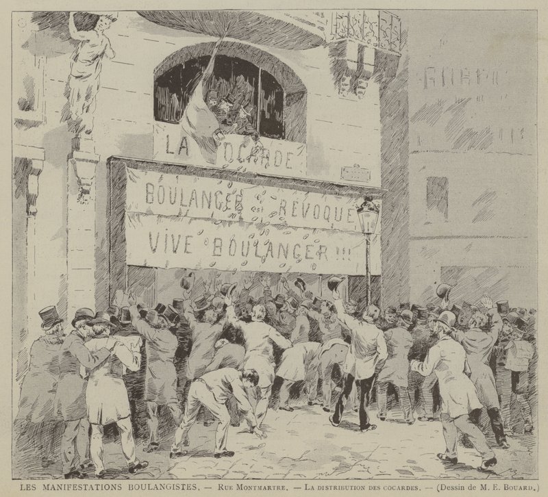Les Manifestations Boulangistes, Rue Montmartre, La distribution des cocardes (engraving) - French School