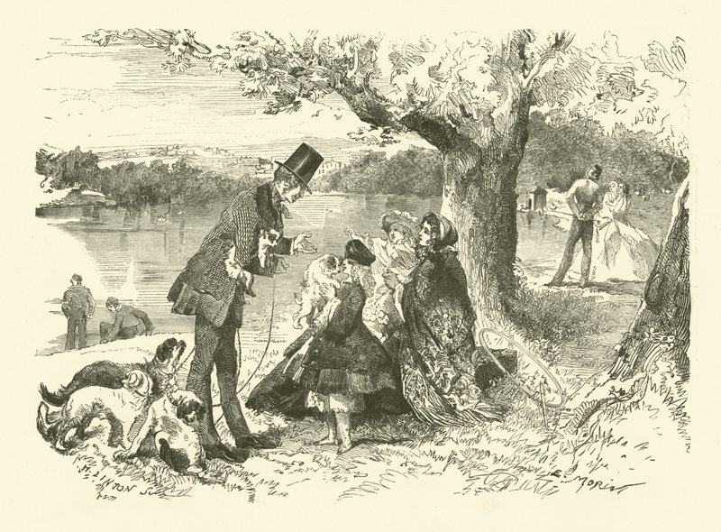 La vie en Angleterre : vendeur de chiens à Hyde Park (gravure) - French School