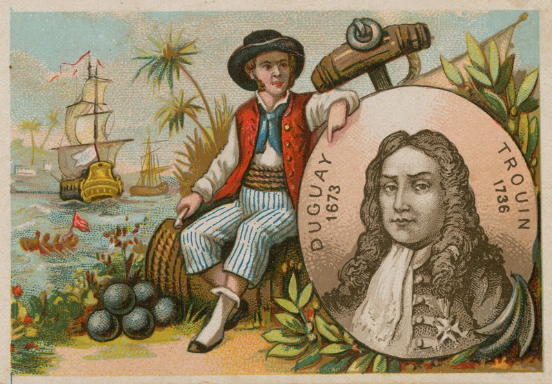 Homme au Brésil tenant un portrait de Duguay-Trouin - French School