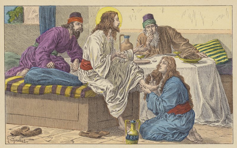 Marie Madeleine aux pieds de Jésus - French School