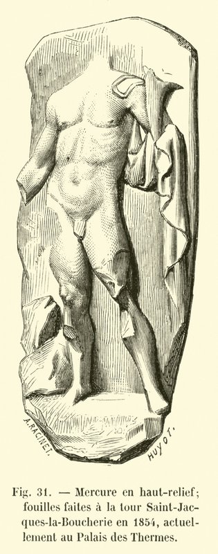 Mercure en haut-relief; fouilles faites à la tour Saint-Jacques-la-Boucherie en 1854, actuellement au Palais des Thermes - French School