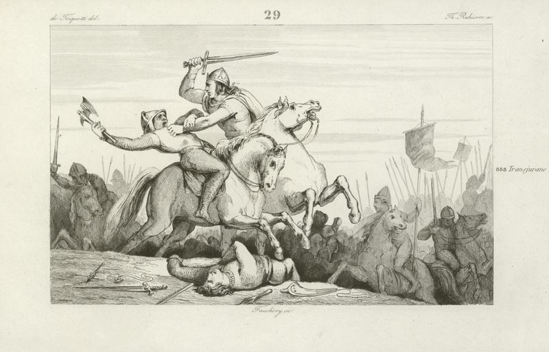 Eudes, roi de Francie occidentale, combattant les Vikings - French School