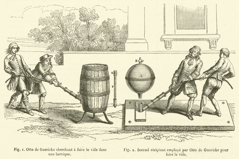 Otto de Guericke cherchant à faire le vide dans une barrique, Second récipient employé par Otto de Guericke pour faire le vide - French School