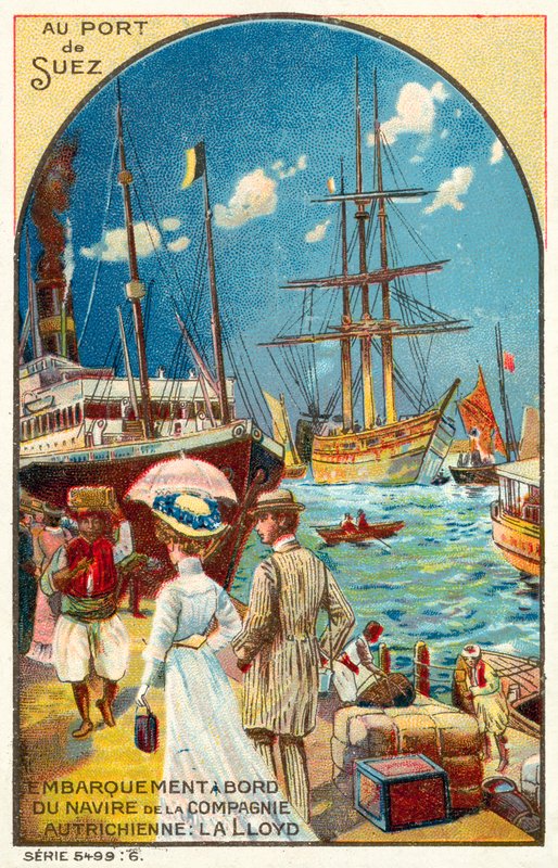 Passagers embarquant sur un navire de la ligne Austrian Lloyd au port de Suez, Égypte - French School