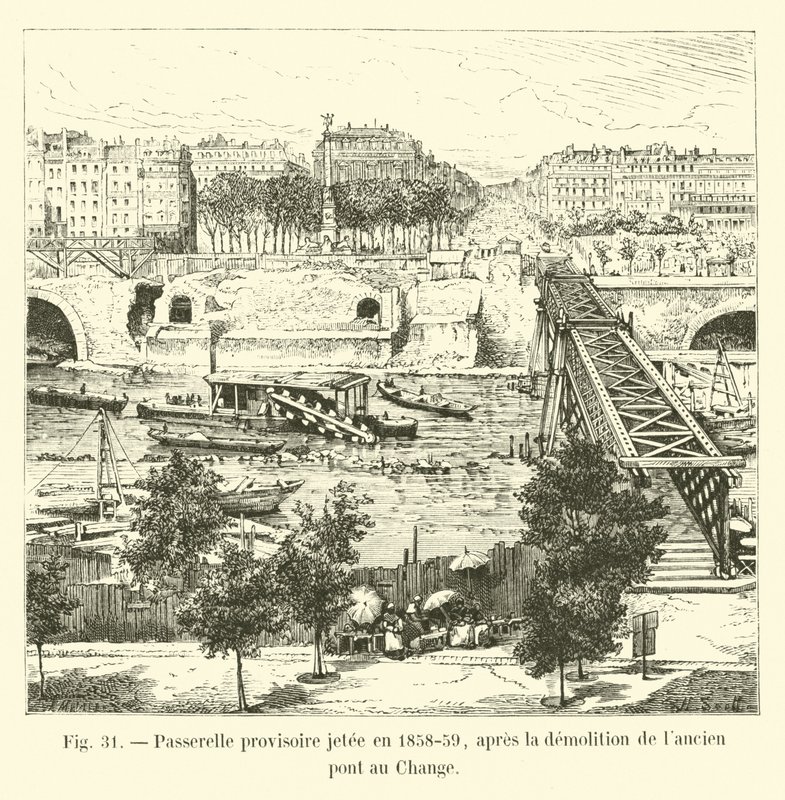 Passerelle provisoire jetée en 1858-59, après la démolition de l