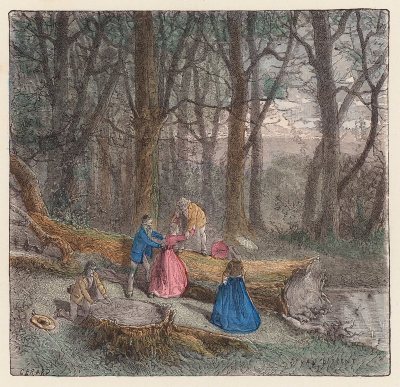 Personnes grimpant sur un arbre abattu - French School