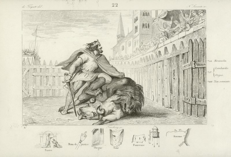 Pépin le Bref tue un lion et un taureau - French School