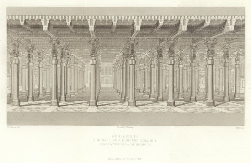 Persépolis, la salle des Cent Colonnes, vue en perspective de l