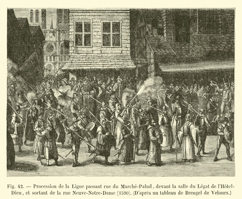 Procession de la Ligue passant rue du Marché-Palu, 1590 - French School
