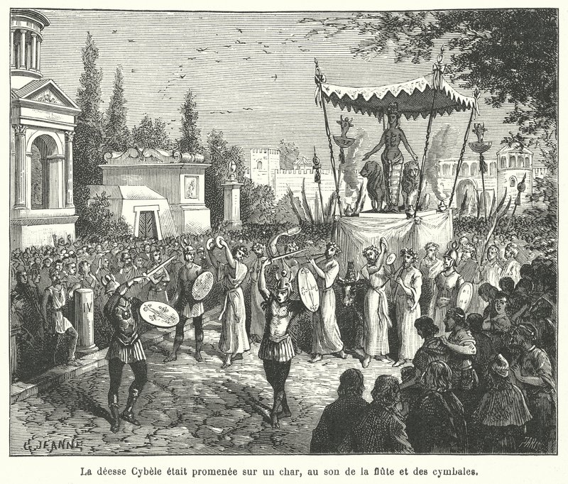 Procession du char de la déesse romaine Cybèle, précédée de joueurs de flûte et de cymbales - French School