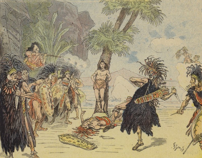 Robinson Crusoé tuant le chef cannibale et sauvant la vie de Vendredi (lithographie en couleur) - French School