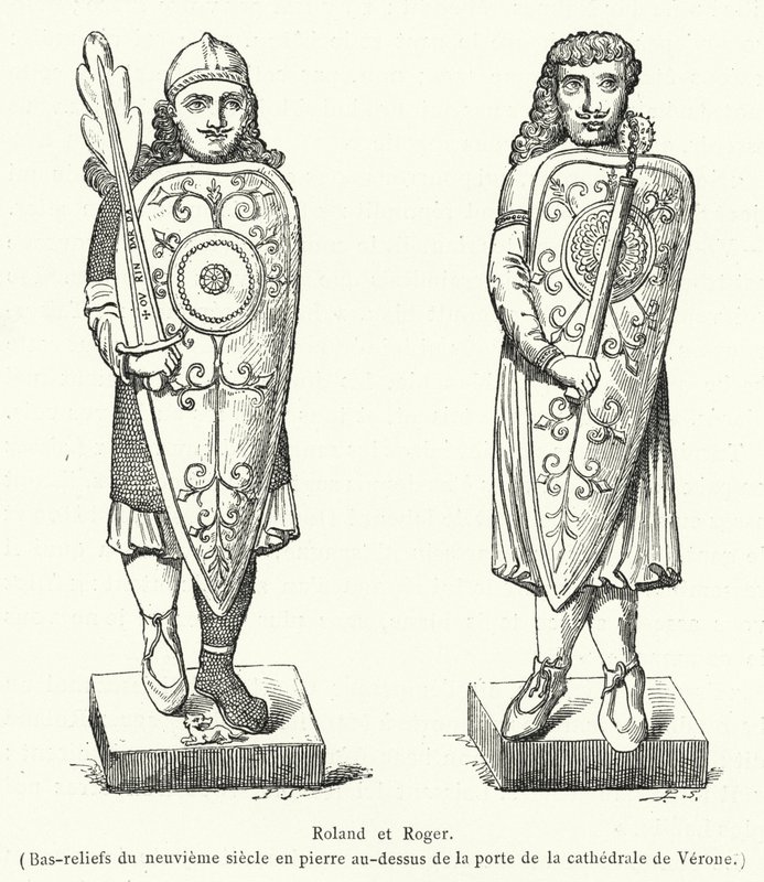 Roland et Roger, bas-reliefs du neuvième siècle en pierre au-dessus de la porte de la cathédrale de Vérone (gravure) - French School