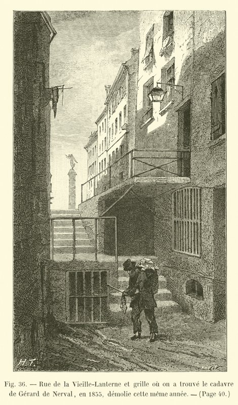 Rue de la Vieille-Lanterne et grille où on a trouvé le cadavre de Gérard de Nerval, en 1855, démolie cette même année - French School
