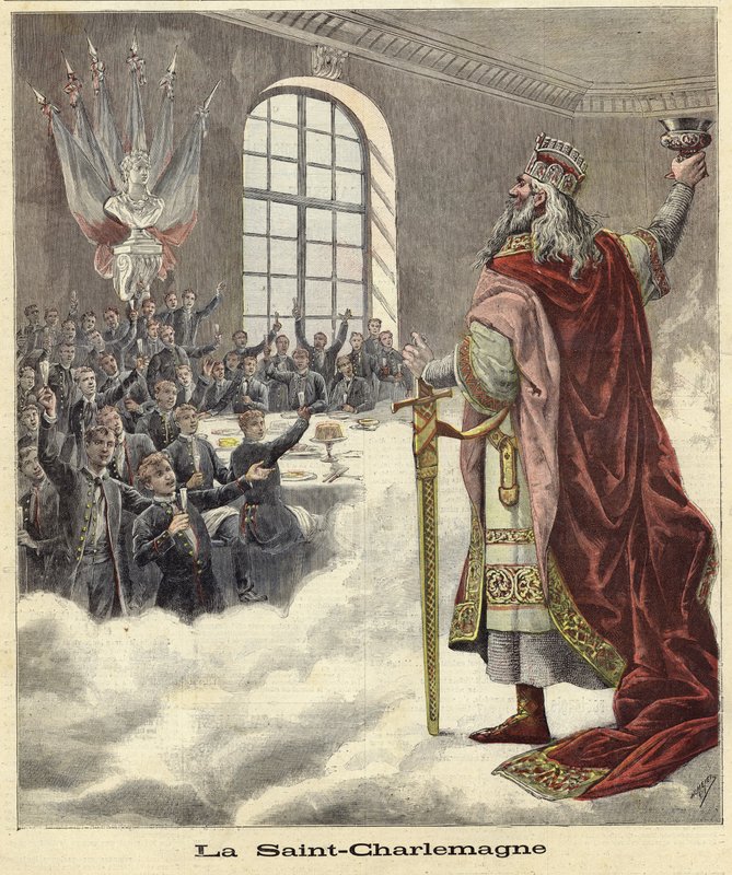 Saint Charlemagne levant un calice devant des convives assis - French School