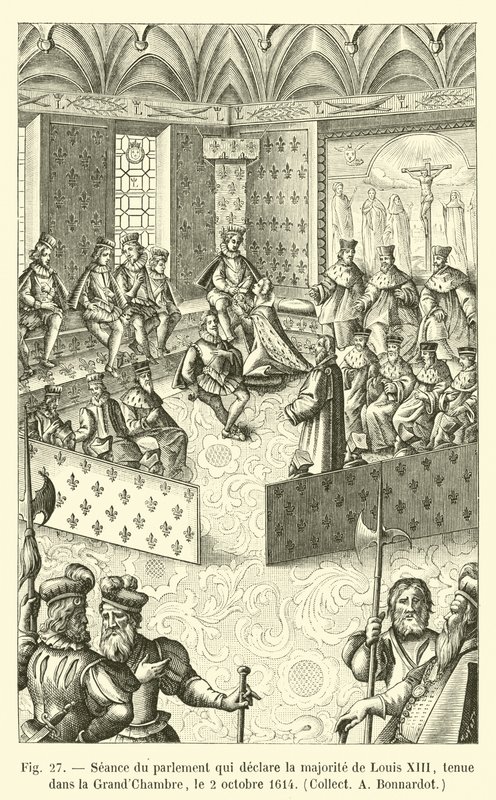 Séance du parlement qui déclare la majorité de Louis XIII, tenue dans la Grand-Chambre, le 2 octobre 1614, Collect A. Bonnardot - French School