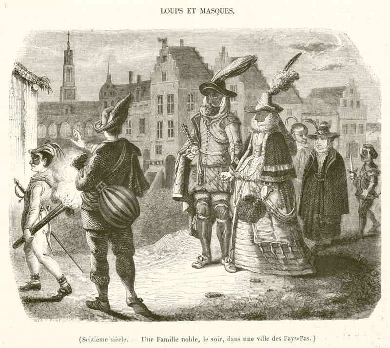 Seizieme siecle, Une Famille noble, le soir, dans une ville des Pays-Bas (engraving) - French School